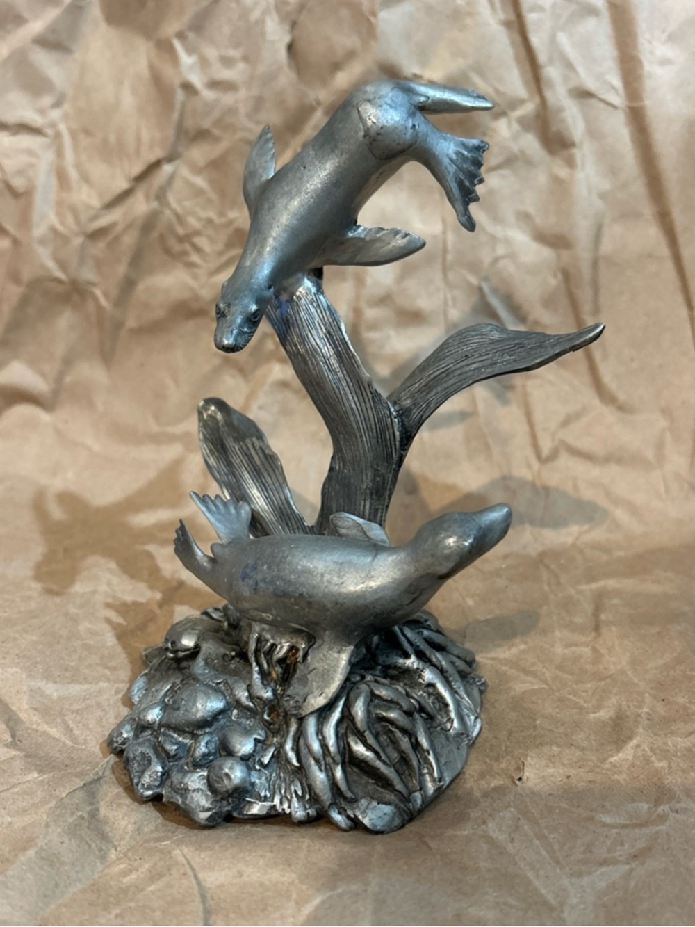 Signed Pewter Seals Sea Otters Nautical Decor Figurine Coastal Home Sculpture